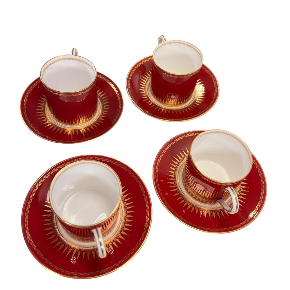 Royal Worcester Regency Red Espresso Demitasse Cups Saucers Sunburst Set Of 4 - Picture 8 of 16